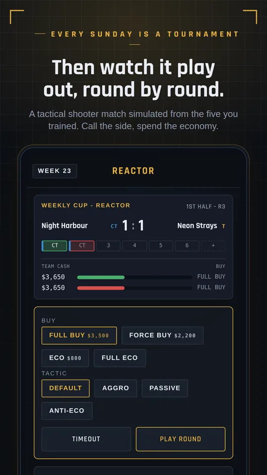 Sunday is live - a match in progress with the score, the round strip and the buy and tactic calls
