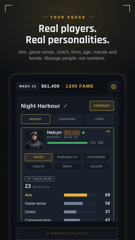 Your squad - the team screen with a player card open on his stats