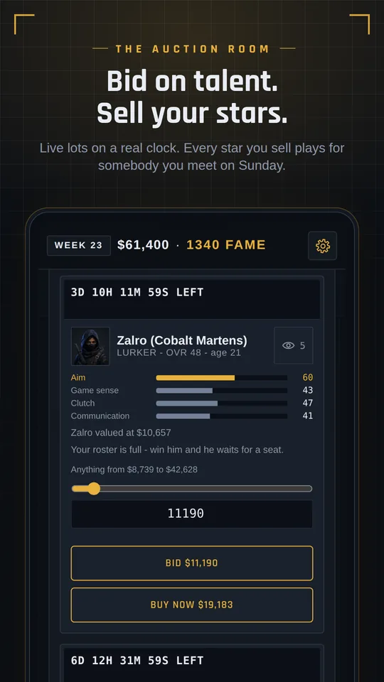 The auction room - a live lot with a bid slider, a bid button and a buy-now price