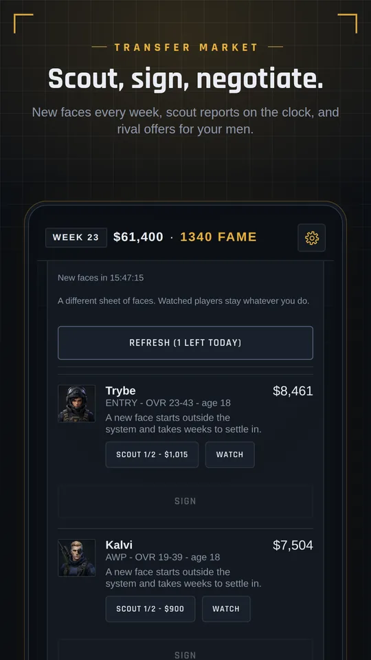 Transfer market - the recruit sheet with scout and watch buttons