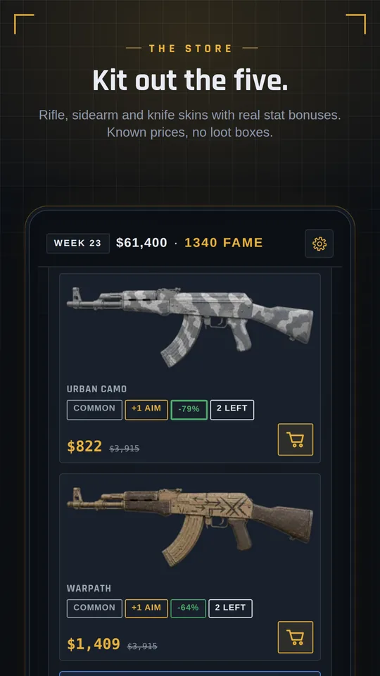 The store - rifle skins with rarity frames and discounted prices